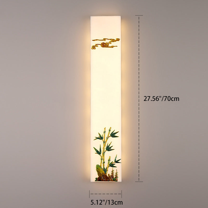Traditional Chinese Resin Imitation Marble Zinc Alloy Enamel Rectangular Bamboo Flower Pine Tree LED Wall Sconce Lamp For Bedside