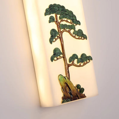 Traditional Chinese Resin Imitation Marble Zinc Alloy Enamel Rectangular Bamboo Flower Pine Tree LED Wall Sconce Lamp For Bedside
