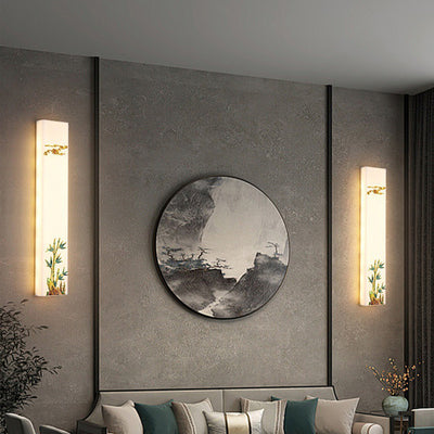 Traditional Chinese Resin Imitation Marble Zinc Alloy Enamel Rectangular Bamboo Flower Pine Tree LED Wall Sconce Lamp For Bedside