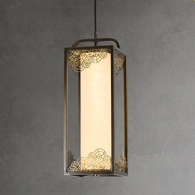 Lampe suspendue LED en forme de cylindre en verre de cuivre chinois traditionnel avec nuage de bon augure sculpté pour chevet 