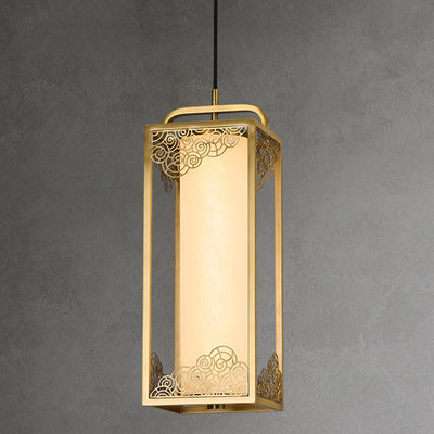 Lampe suspendue LED en forme de cylindre en verre de cuivre chinois traditionnel avec nuage de bon augure sculpté pour chevet 