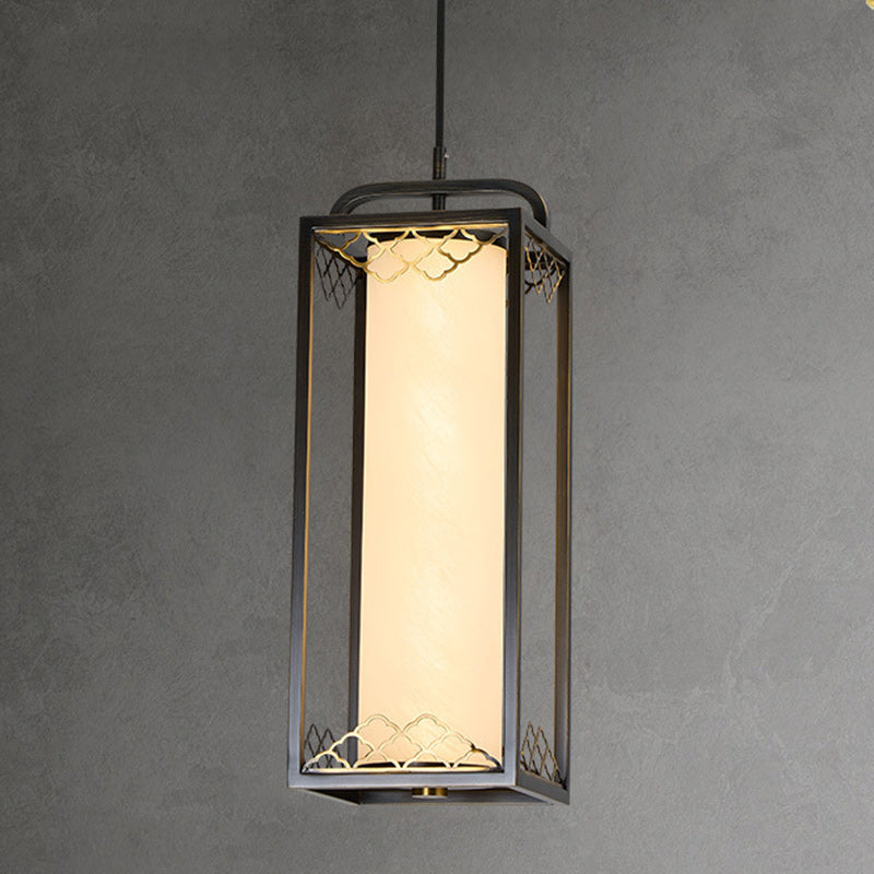 Lampe suspendue LED en forme de cylindre en verre de cuivre chinois traditionnel avec nuage de bon augure sculpté pour chevet 
