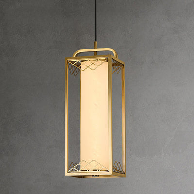 Lampe suspendue LED en forme de cylindre en verre de cuivre chinois traditionnel avec nuage de bon augure sculpté pour chevet 