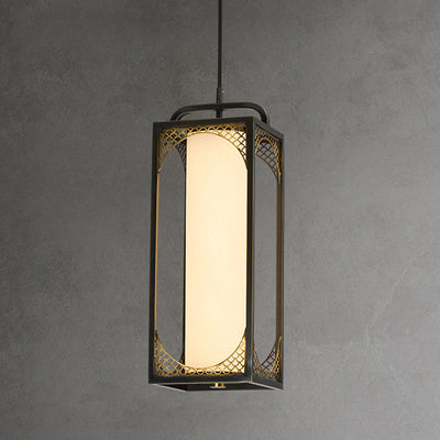 Lampe suspendue LED en forme de cylindre en verre de cuivre chinois traditionnel avec nuage de bon augure sculpté pour chevet 