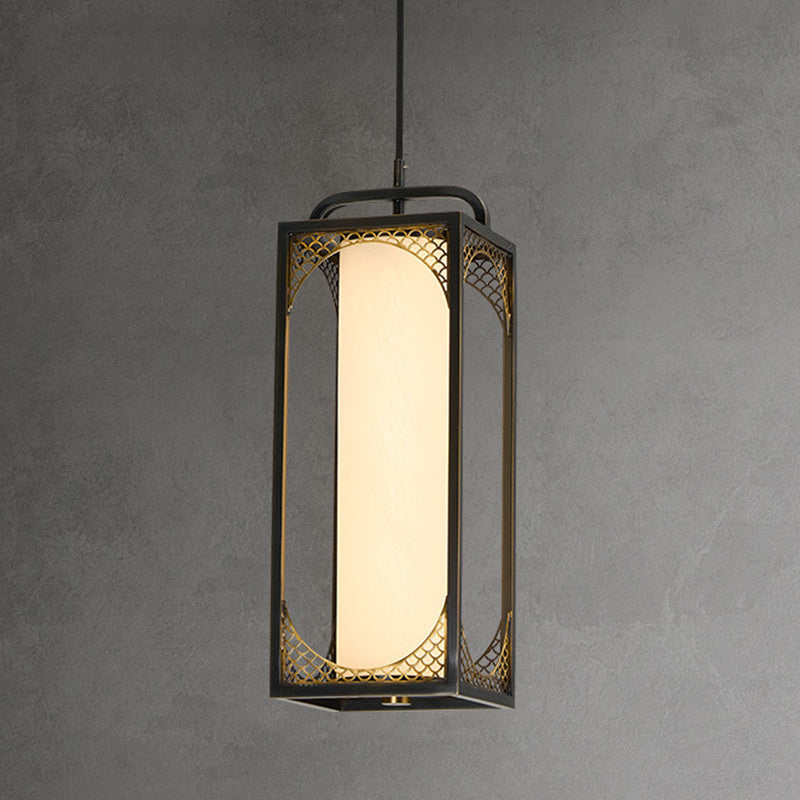 Lampe suspendue LED en forme de cylindre en verre de cuivre chinois traditionnel avec nuage de bon augure sculpté pour chevet 