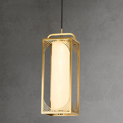 Lampe suspendue LED en forme de cylindre en verre de cuivre chinois traditionnel avec nuage de bon augure sculpté pour chevet 