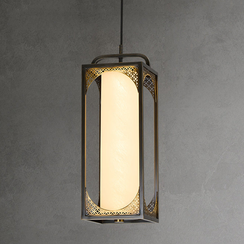 Lampe suspendue LED en forme de cylindre en verre de cuivre chinois traditionnel avec nuage de bon augure sculpté pour chevet 