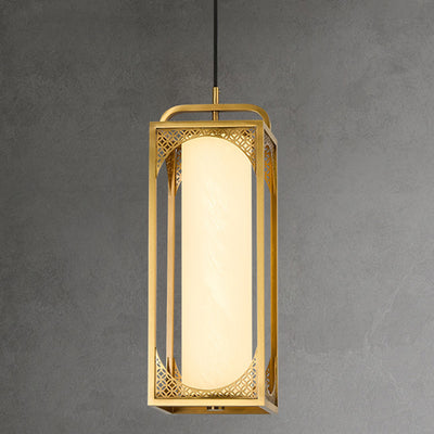 Lampe suspendue LED en forme de cylindre en verre de cuivre chinois traditionnel avec nuage de bon augure sculpté pour chevet 