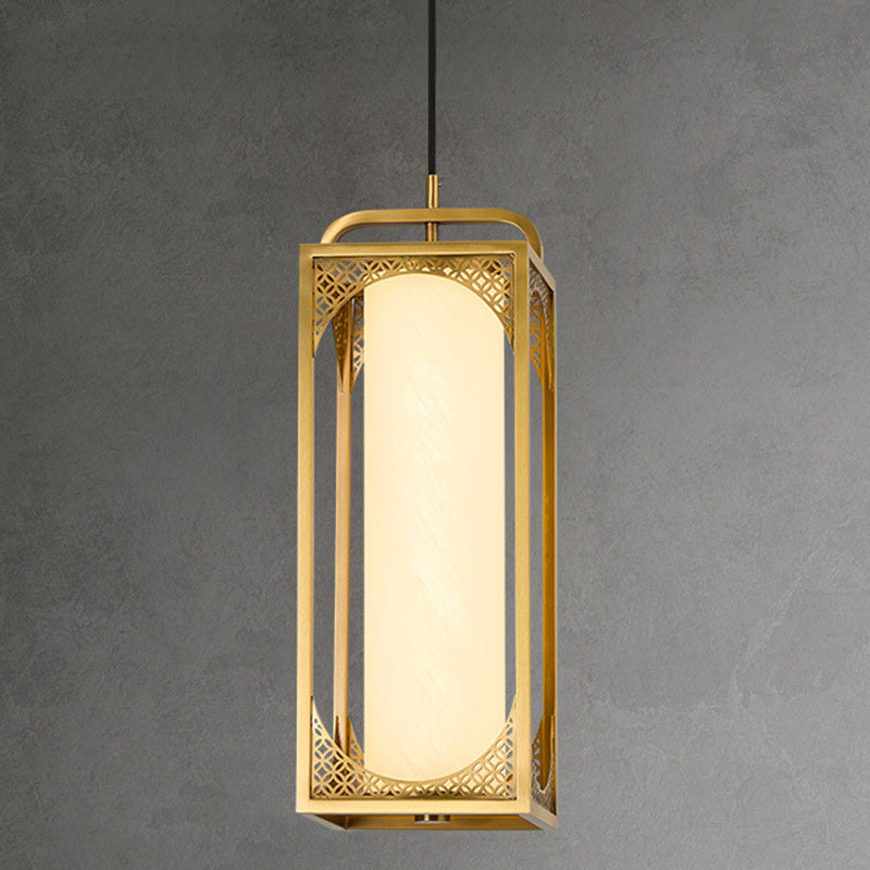 Lampe suspendue LED en forme de cylindre en verre de cuivre chinois traditionnel avec nuage de bon augure sculpté pour chevet 