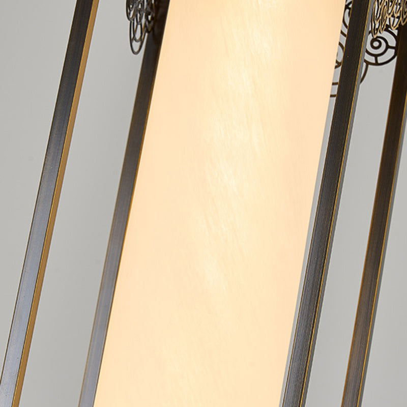 Lampe suspendue LED en forme de cylindre en verre de cuivre chinois traditionnel avec nuage de bon augure sculpté pour chevet 