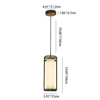 Lampe suspendue LED en forme de cylindre en verre de cuivre chinois traditionnel avec nuage de bon augure sculpté pour chevet 