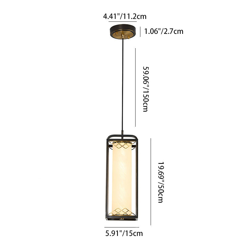 Lampe suspendue LED en forme de cylindre en verre de cuivre chinois traditionnel avec nuage de bon augure sculpté pour chevet 