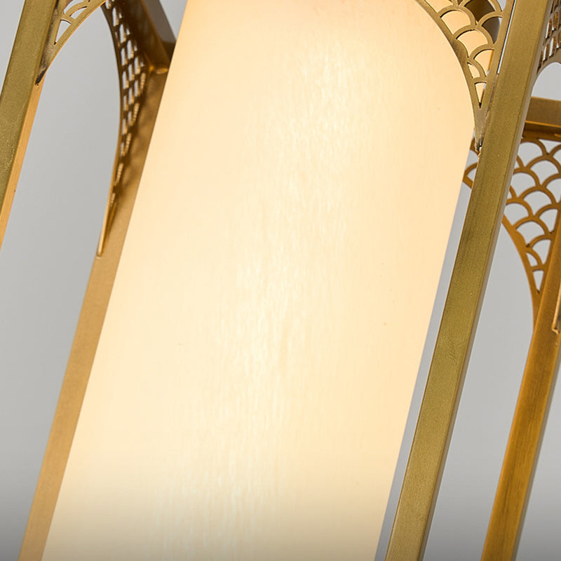 Lampe suspendue LED en forme de cylindre en verre de cuivre chinois traditionnel avec nuage de bon augure sculpté pour chevet 