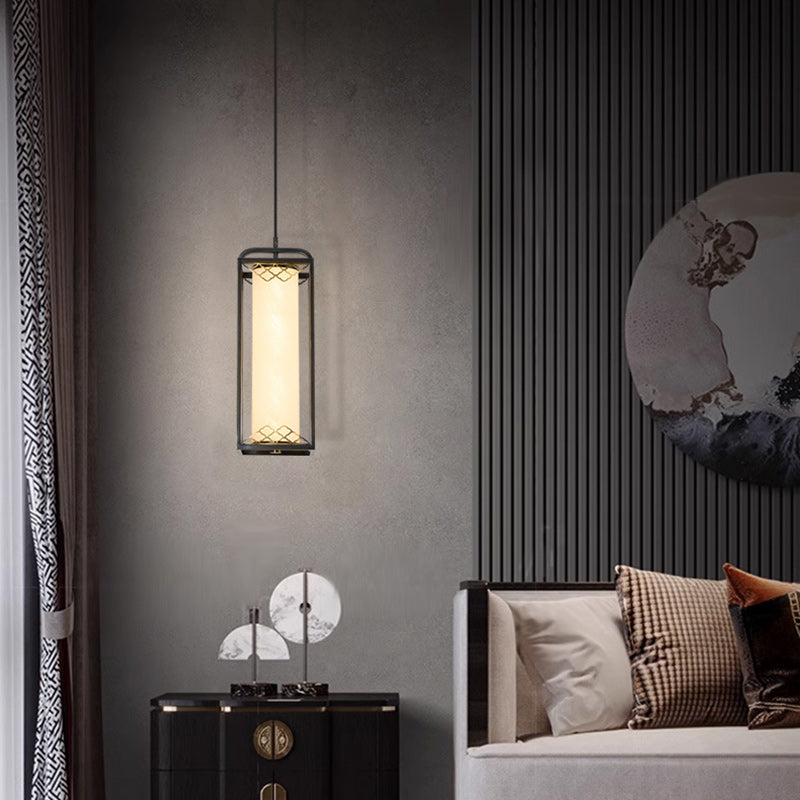 Lampe suspendue LED en forme de cylindre en verre de cuivre chinois traditionnel avec nuage de bon augure sculpté pour chevet 