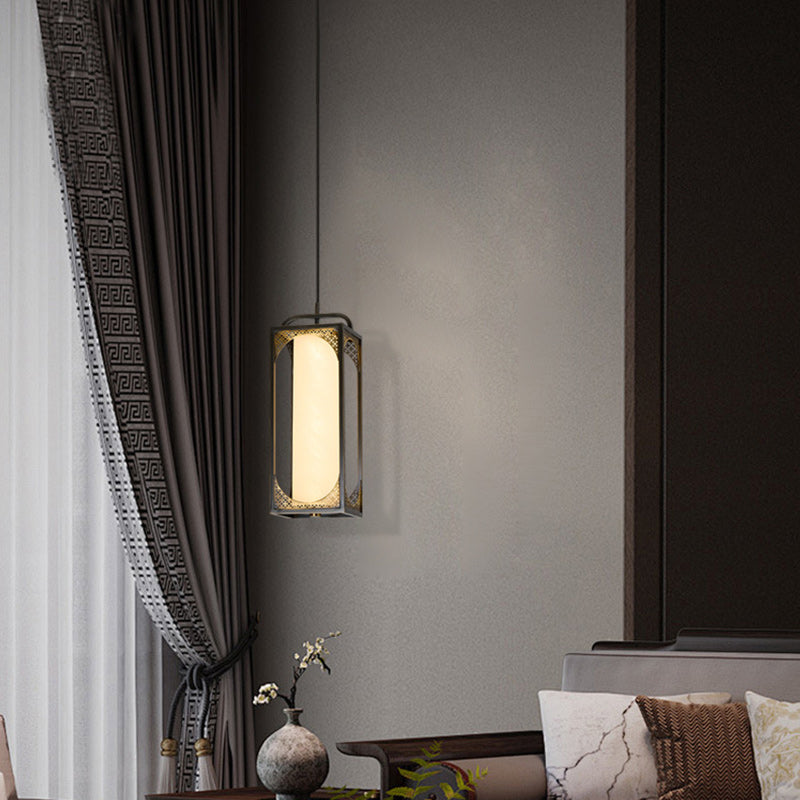 Lampe suspendue LED en forme de cylindre en verre de cuivre chinois traditionnel avec nuage de bon augure sculpté pour chevet 