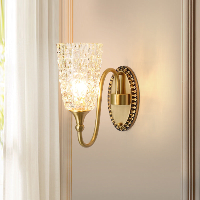 Traditionelle Luxus Messing Glas Geschnitzte Zylinder Eiskristallstruktur 1/2 Licht Wandleuchte für das Bett 
