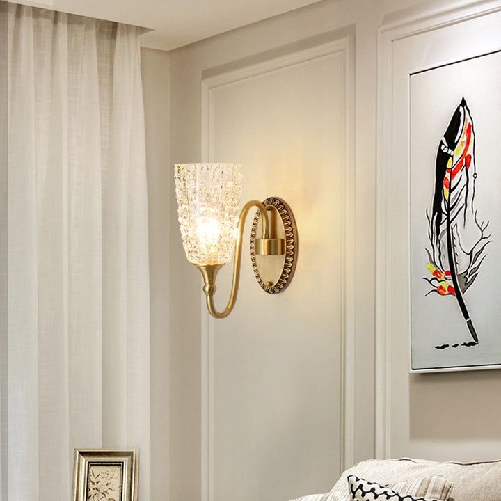 Traditionelle Luxus Messing Glas Geschnitzte Zylinder Eiskristallstruktur 1/2 Licht Wandleuchte für das Bett 
