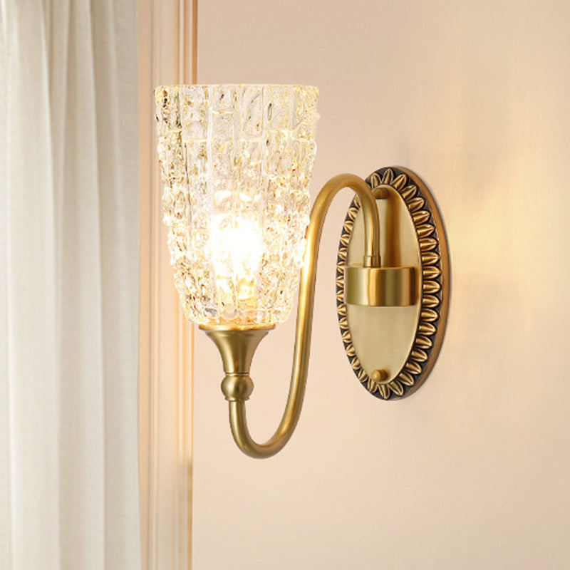 Traditionelle Luxus Messing Glas Geschnitzte Zylinder Eiskristallstruktur 1/2 Licht Wandleuchte für das Bett 