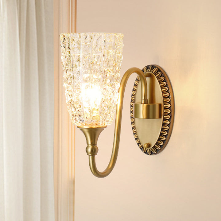 Traditionelle Luxus Messing Glas Geschnitzte Zylinder Eiskristallstruktur 1/2 Licht Wandleuchte für das Bett 