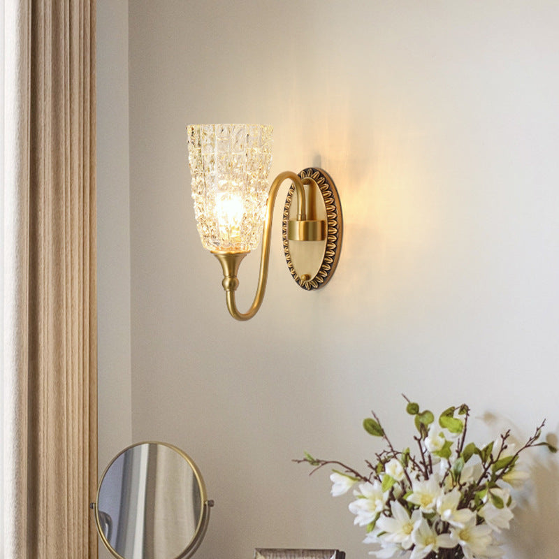 Traditionelle Luxus Messing Glas Geschnitzte Zylinder Eiskristallstruktur 1/2 Licht Wandleuchte für das Bett 