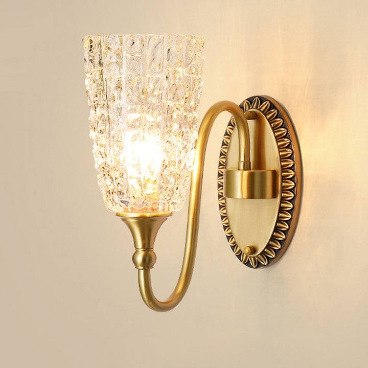 Traditionelle Luxus Messing Glas Geschnitzte Zylinder Eiskristallstruktur 1/2 Licht Wandleuchte für das Bett 