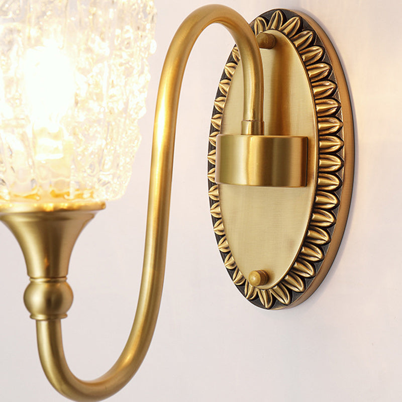 Traditionelle Luxus Messing Glas Geschnitzte Zylinder Eiskristallstruktur 1/2 Licht Wandleuchte für das Bett 