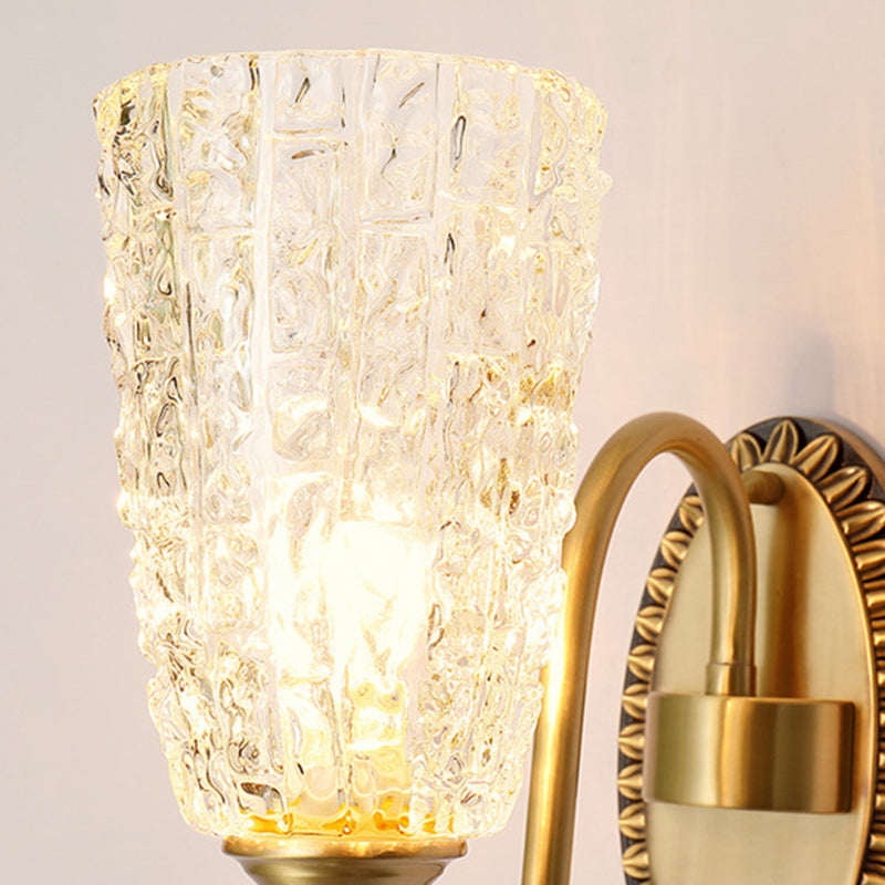 Traditionelle Luxus Messing Glas Geschnitzte Zylinder Eiskristallstruktur 1/2 Licht Wandleuchte für das Bett 