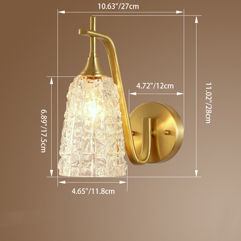 Traditional Luxury Brass Glass Cylinder Ice Cracked Texture 1-Light Wall Sconce Lamp For Bedside
