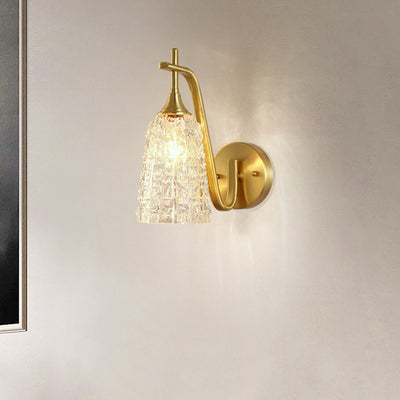 Traditional Luxury Brass Glass Cylinder Ice Cracked Texture 1-Light Wall Sconce Lamp For Bedside