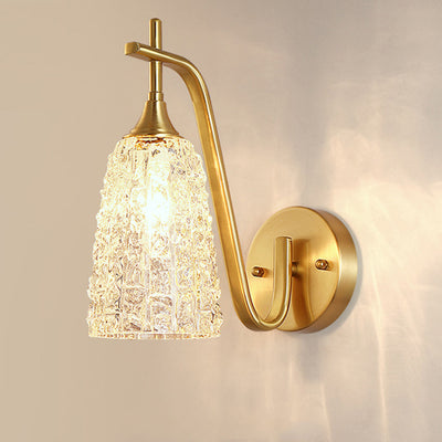 Traditional Luxury Brass Glass Cylinder Ice Cracked Texture 1-Light Wall Sconce Lamp For Bedside