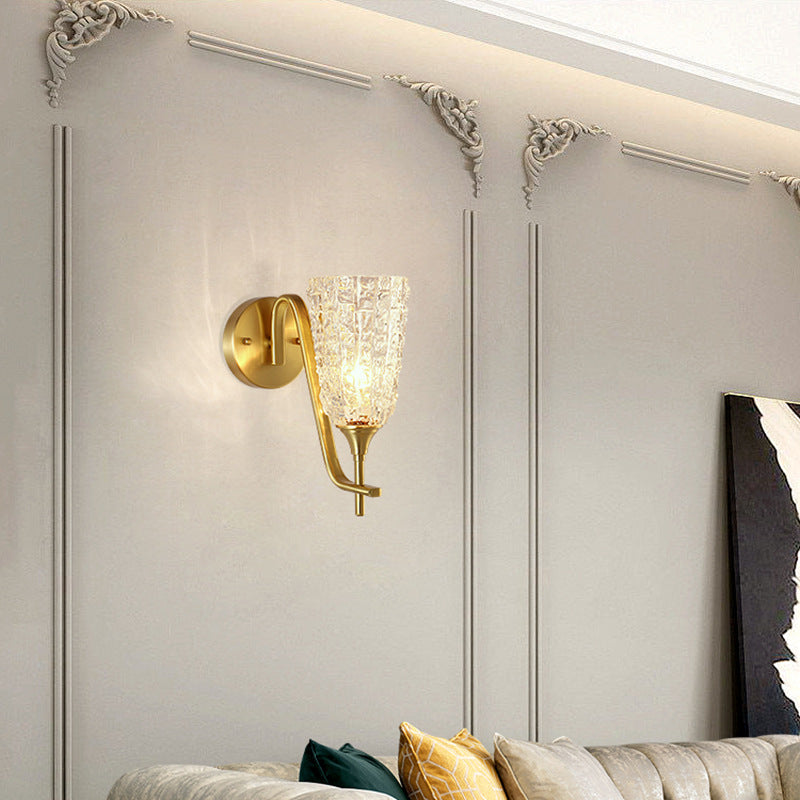Traditional Luxury Brass Glass Cylinder Ice Cracked Texture 1-Light Wall Sconce Lamp For Bedside