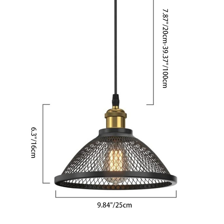 Lámpara colgante contemporánea de jaula cónica de hierro industrial con 1 luz para comedor 