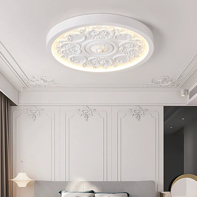 Traditional French Resin Iron Acrylic Round Engraved Flower LED Flush Mount Ceiling Light For Bedroom