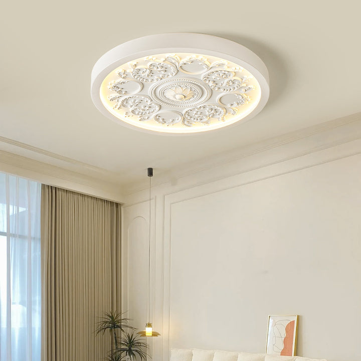 Plafonnier LED rond en résine traditionnelle française en fer acrylique avec fleur gravée pour chambre 