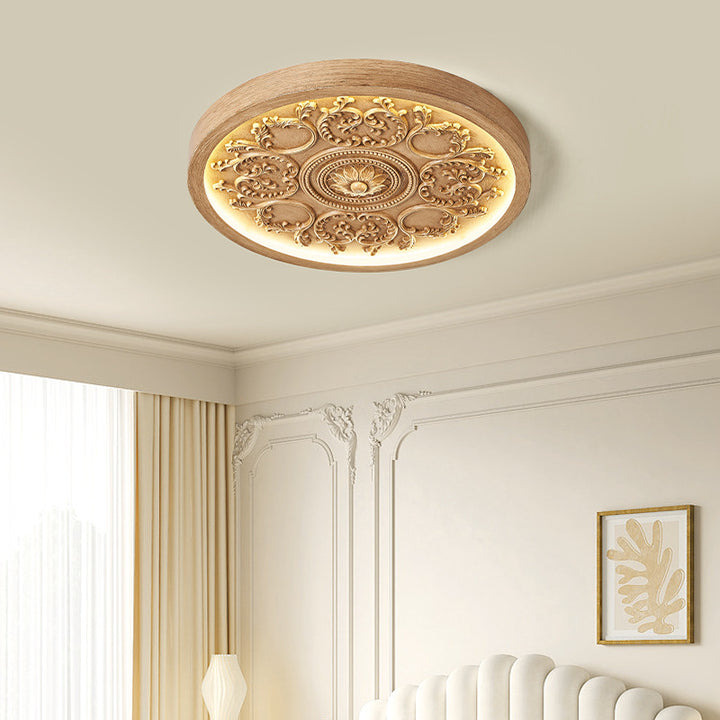 Plafonnier LED rond en résine traditionnelle française en fer acrylique avec fleur gravée pour chambre 