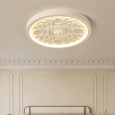 Traditional French Resin Iron Acrylic Round Engraved Flower LED Flush Mount Ceiling Light For Bedroom