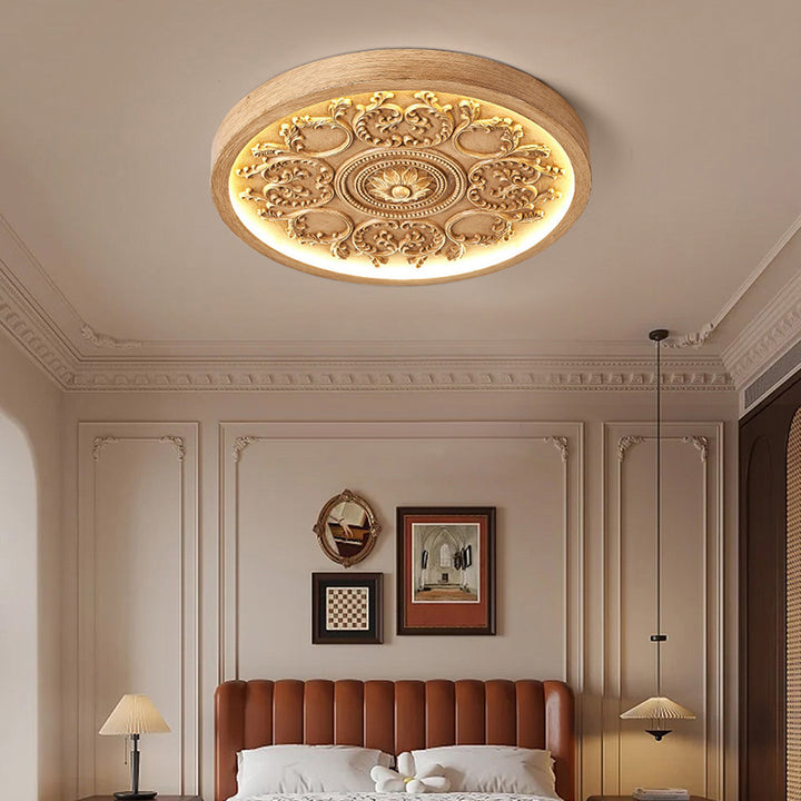 Traditional French Resin Iron Acrylic Round Engraved Flower LED Flush Mount Ceiling Light For Bedroom