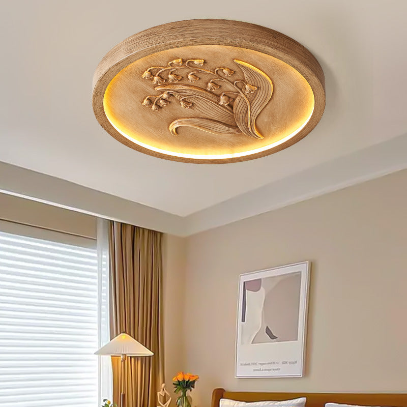 Plafonnier à LED rond en résine traditionnelle française en fer acrylique gravé Suzuran pour chambre à coucher 