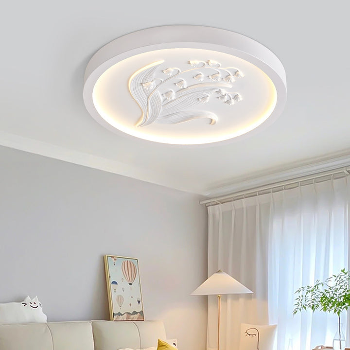 Traditionelle französische Deckenleuchte aus Harz, Eisen und Acryl mit runder, gravierter Suzuran LED für das Schlafzimmer 