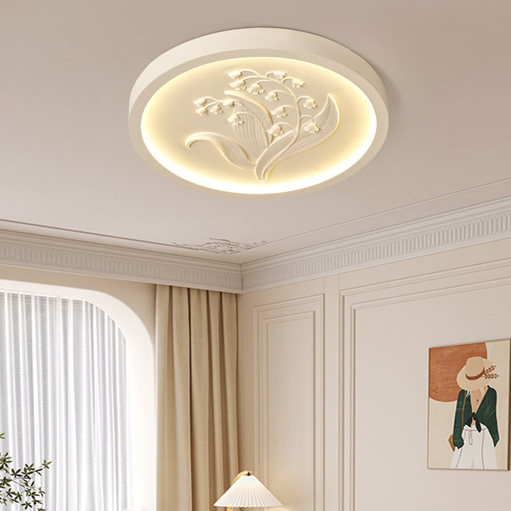 Traditionelle französische Deckenleuchte aus Harz, Eisen und Acryl mit runder, gravierter Suzuran LED für das Schlafzimmer 