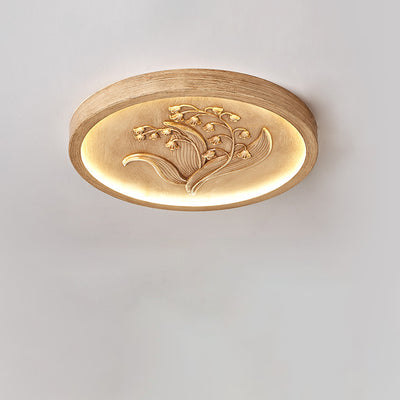 Traditional French Resin Iron Acrylic Round Engraved Suzuran LED Flush Mount Ceiling Light For Bedroom