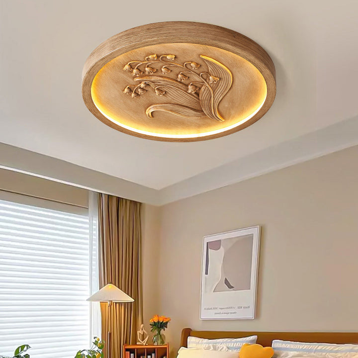 Plafonnier à LED rond en résine traditionnelle française en fer acrylique gravé Suzuran pour chambre à coucher 