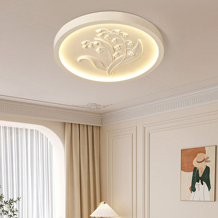 Traditionelle französische Deckenleuchte aus Harz, Eisen und Acryl mit runder, gravierter Suzuran LED für das Schlafzimmer 