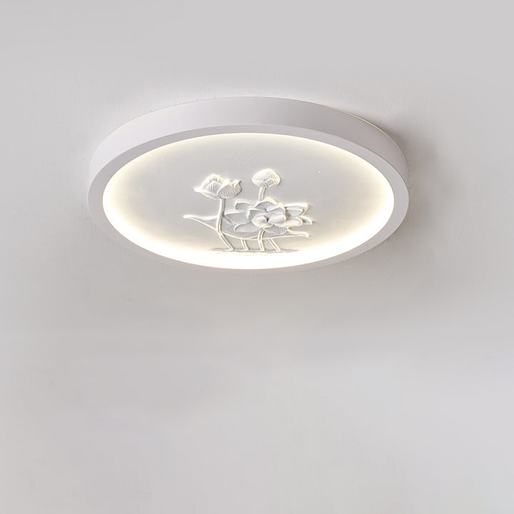 Plafonnier LED rond en résine chinoise traditionnelle en fer acrylique avec fleur de lotus gravée pour chambre à coucher 