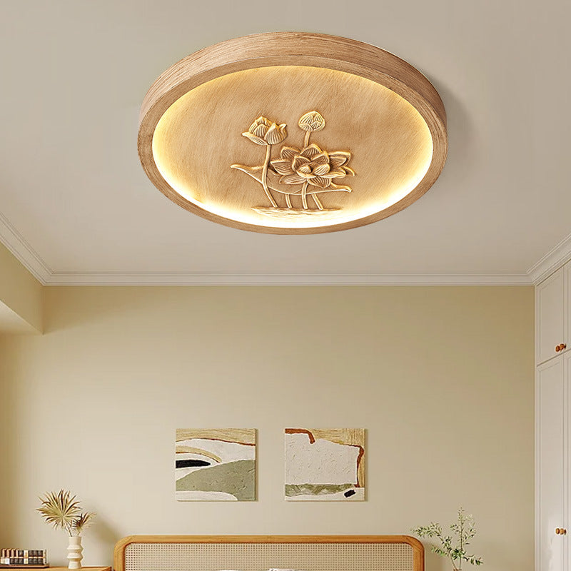 Plafonnier LED rond en résine chinoise traditionnelle en fer acrylique avec fleur de lotus gravée pour chambre à coucher 