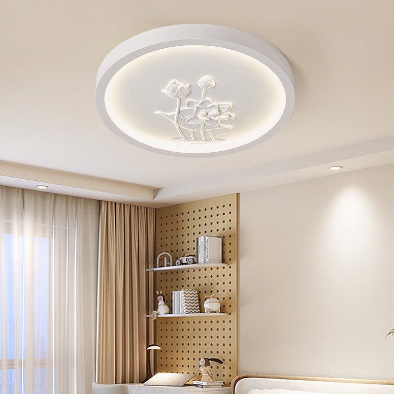 Plafonnier LED rond en résine chinoise traditionnelle en fer acrylique avec fleur de lotus gravée pour chambre à coucher 