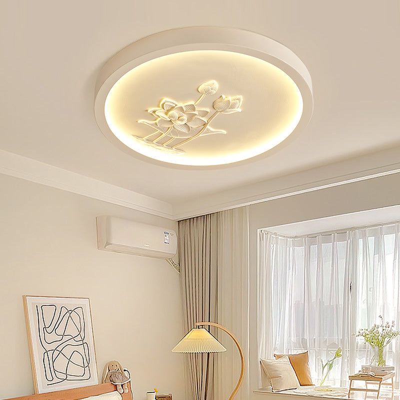 Plafonnier LED rond en résine chinoise traditionnelle en fer acrylique avec fleur de lotus gravée pour chambre à coucher 