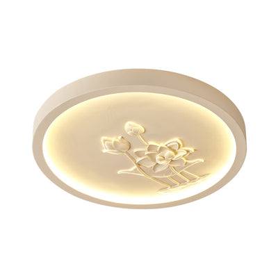 Plafonnier LED rond en résine chinoise traditionnelle en fer acrylique avec fleur de lotus gravée pour chambre à coucher 