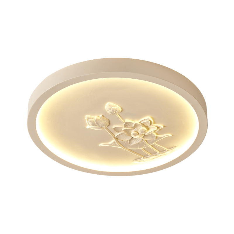 Plafonnier LED rond en résine chinoise traditionnelle en fer acrylique avec fleur de lotus gravée pour chambre à coucher 