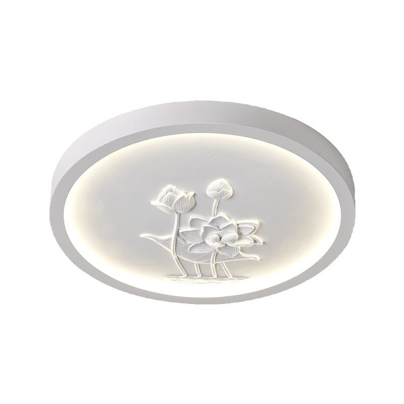 Plafonnier LED rond en résine chinoise traditionnelle en fer acrylique avec fleur de lotus gravée pour chambre à coucher 